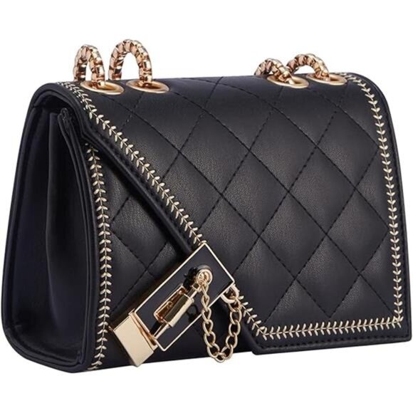Quilted Crossbody Bag Black Vegan Leather Shoulder Bag Fashion Chain Small Purse - Picture 9 of 9
